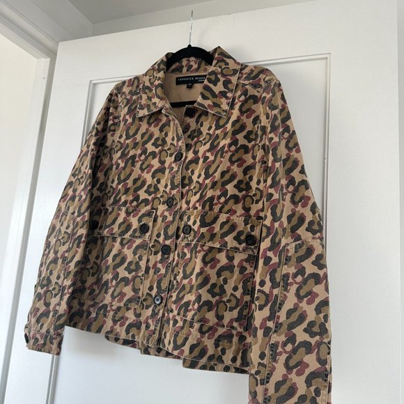Veronica Beard Military Denim Jacket Leopard Print Sz Large Rugged Distressed - Picture 4 of 10